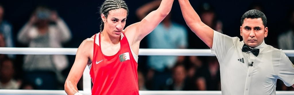 Imane Khelif of Team Algeria after the Women's 66kg quarterfinal match on seventh day of the Olympic Games Paris 