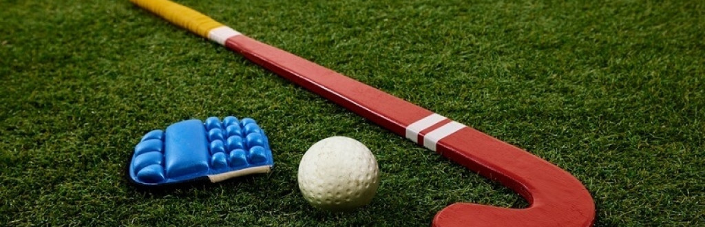 Hockey stick with ball and gloves