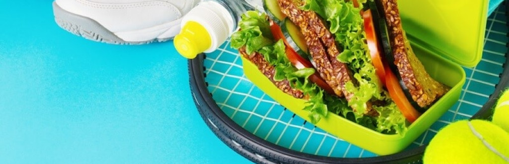 Healthy Sandwich and Bottle of Water with tennis racket