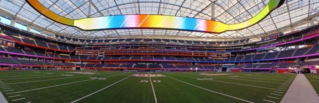 Sofi Stadium panorama decorated for Super Bowl LVI