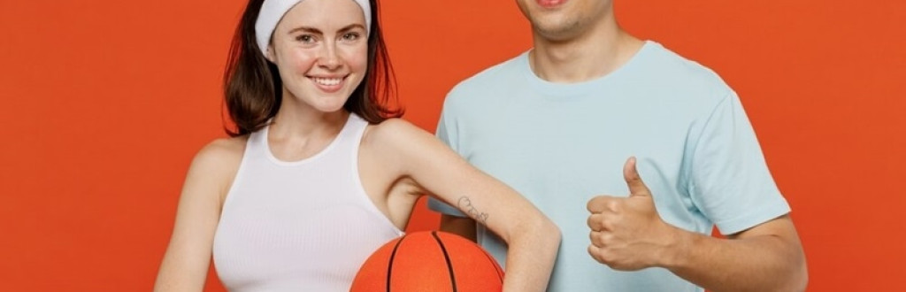  Two man woman in headband t-shirt hold ball play basketball show thumb up 